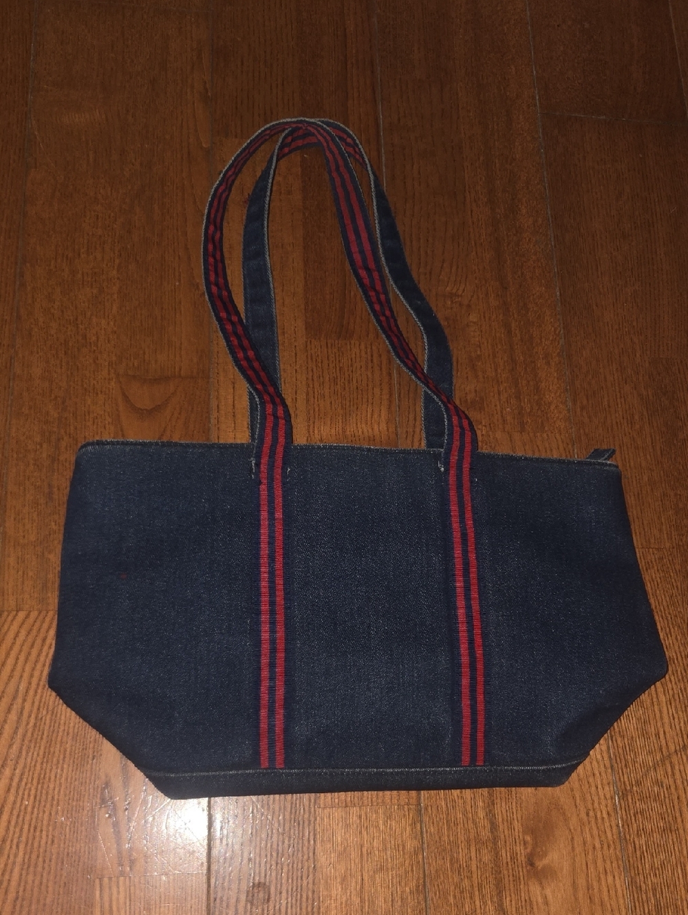 Denim Tote Bag with Red Stripe Handles - Picture 2 of 10